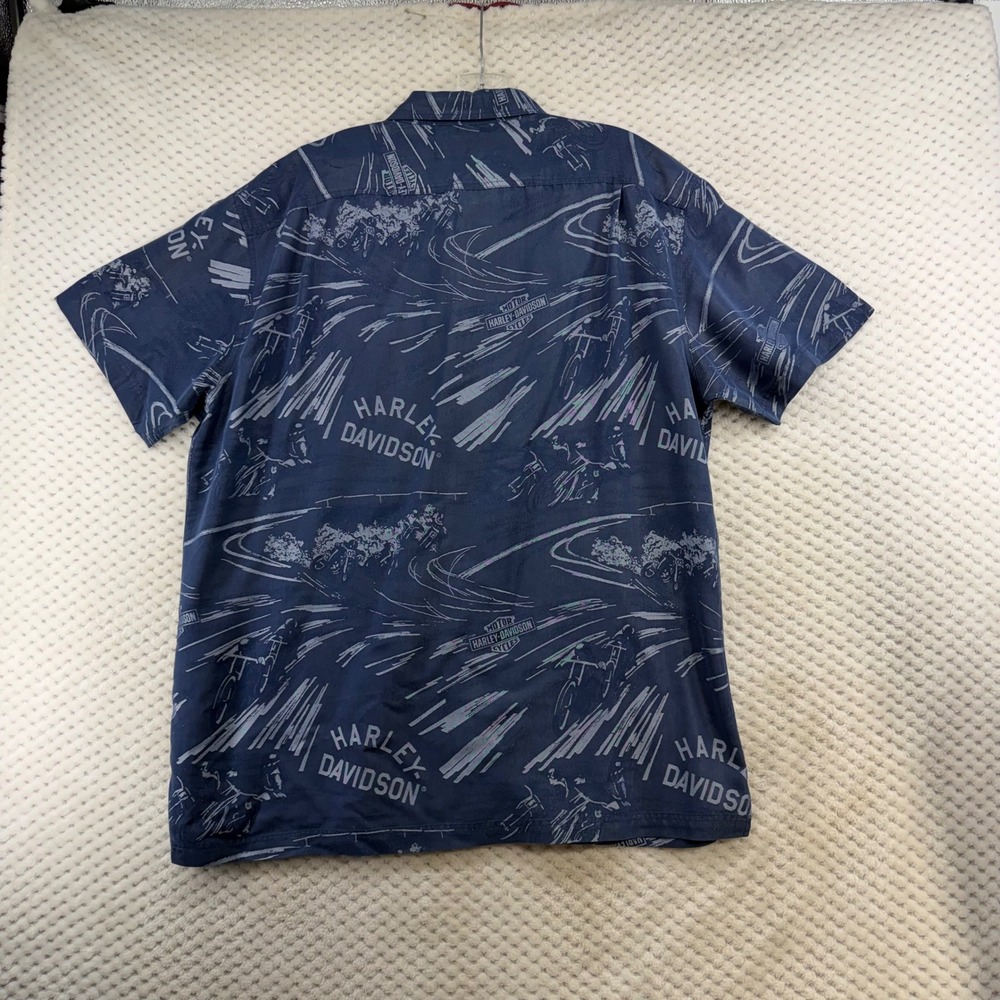 Harley Davidson Button Down Shirt Mens XL Blue Short Sleeve Motorcycle Print - Picture 8 of 9